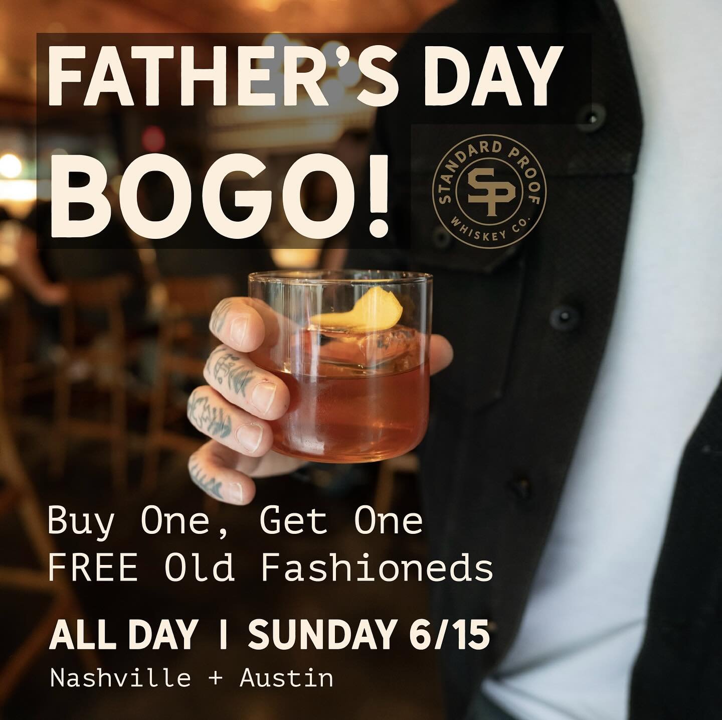 Father&rsquo;s Day BOGO this Sunday! Offer available in Nashville and Austin all day long - buy an old fashioned, get one ✨free✨ One for dad and one for you! Or two for dad&hellip;or two for you 🤭 We&rsquo;re not judging! 🥃🍊

We&rsquo;ve still got