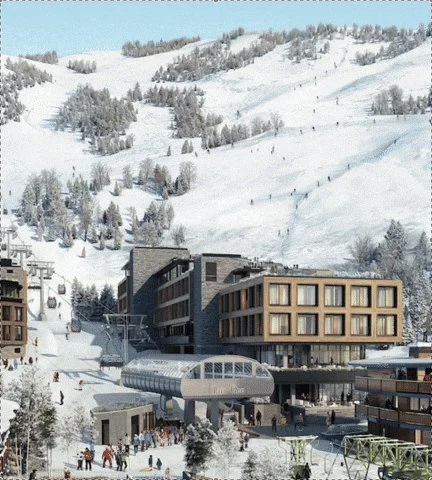 Rendering of Chalet Alpina at the base of the new Lift One on Aspen Mountain in winter
