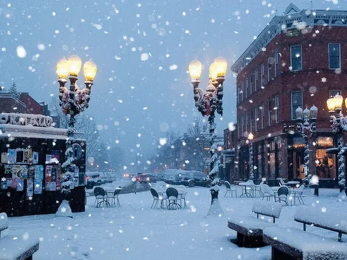 Snowy streetlamps in downtown Aspen, Aspen Intel Holiday 2023
