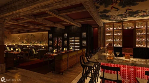Interior view of a dimly lit restaurant or bar with wooden decor, a bar counter with bottles displayed on shelves, and dining tables with small lamps.