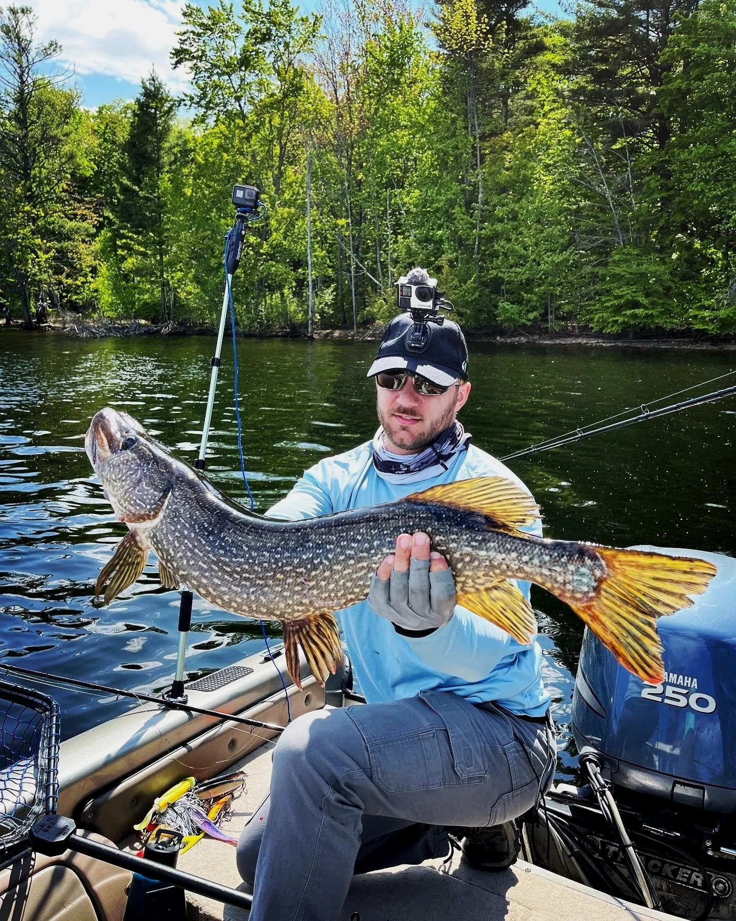 A man on a boat holding a large fish with a lush green forest background, fishing gear, and a Yamaha 250 outboard motor.