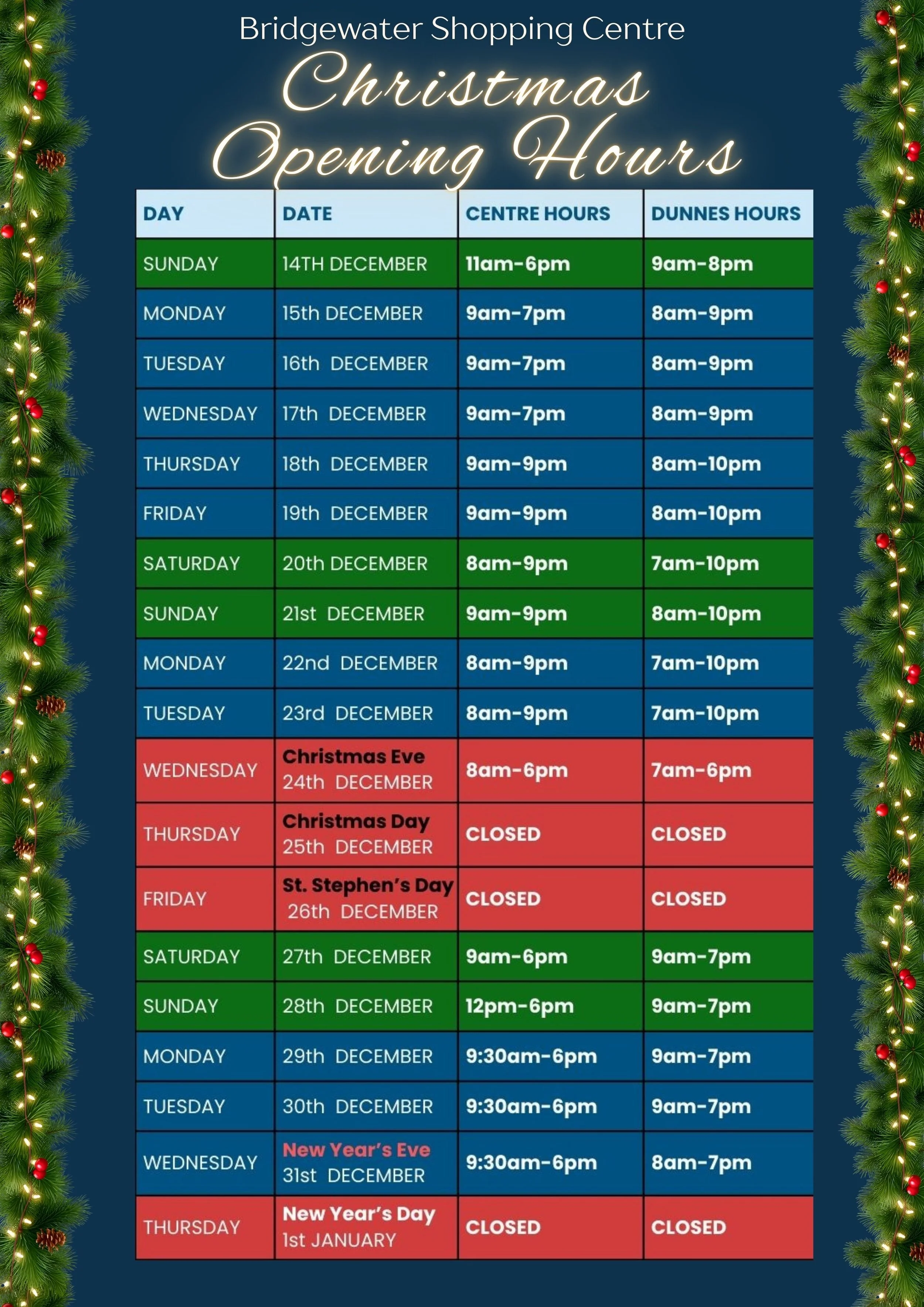 Christmas Opening Hours