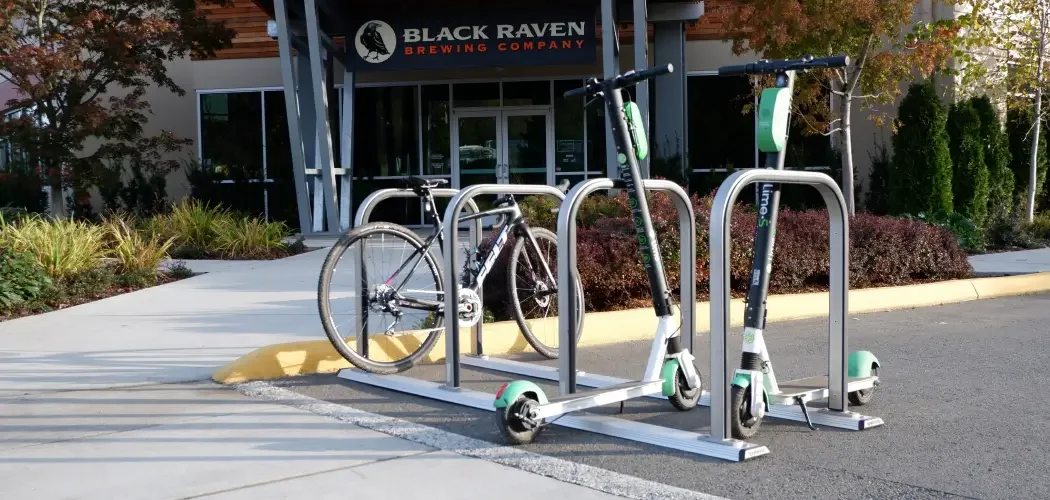 bike parking in front of brewery with 2 Lime scooters parked in bike rack next to traditional bicycle