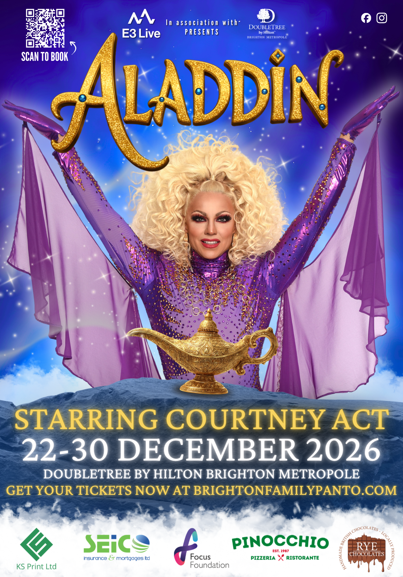 A poster advertising Brighton Family Panto's Aladdin show for 2026. With Blonde drag queen in purple outfit with sparkles and flowing fabric.