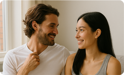 A smiling man and woman looking at each other in a cozy indoor setting.