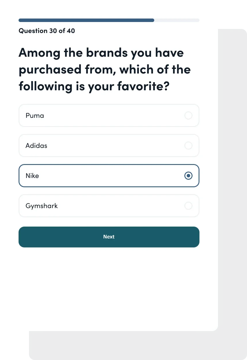 Screenshot of a multiple-choice question on a survey or quiz asking about the preferred brand among Puma, Adidas, Nike, and Gymshark, with Nike selected.