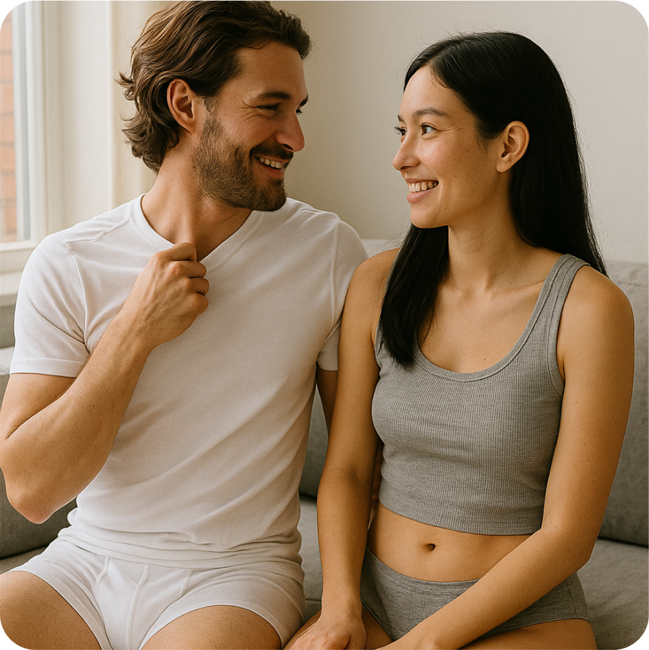 A smiling man and woman sitting on a couch, looking at each other, in casual clothing.