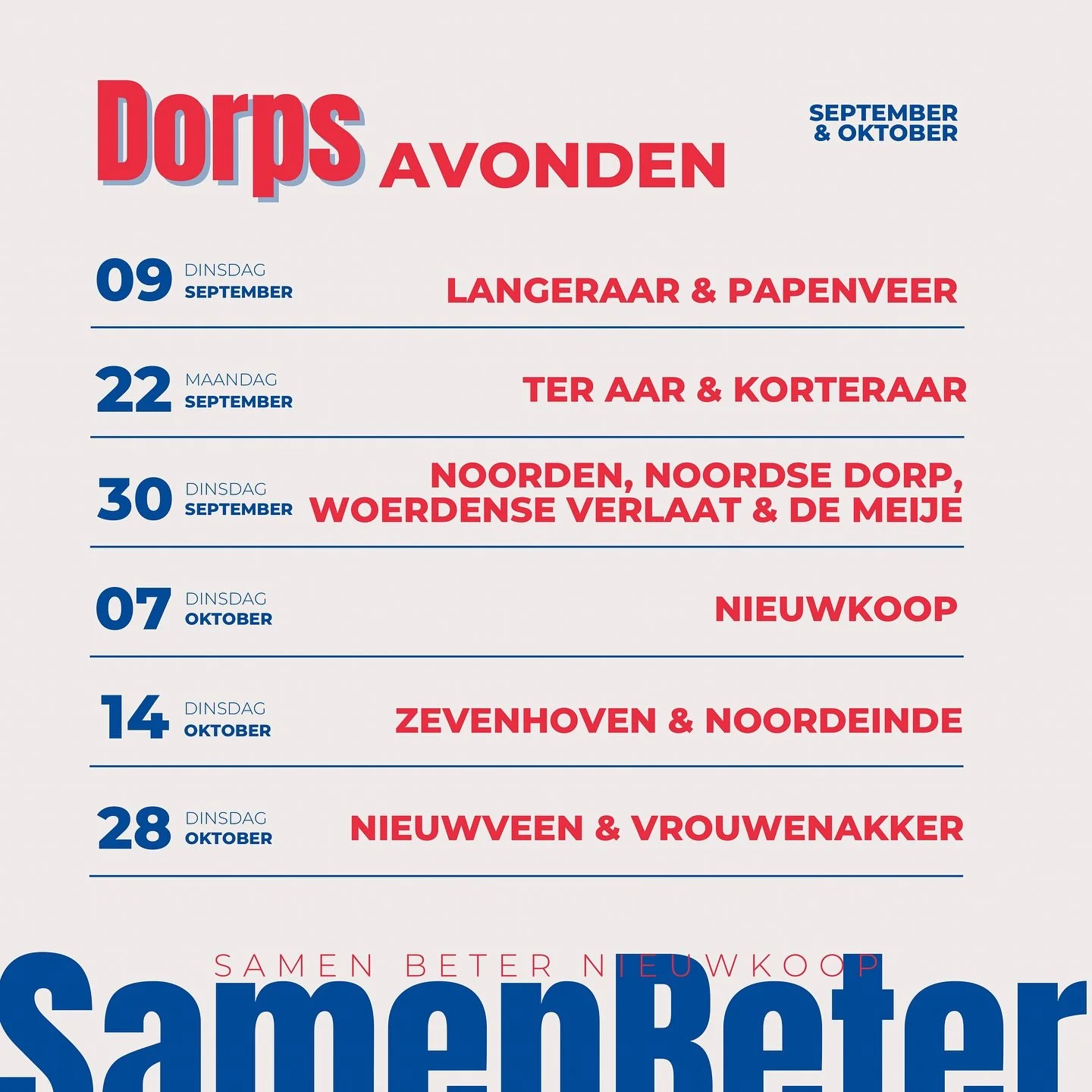 &bull; SBN KOMT BIJ JOU LANGS! &bull;

Samen Beter Nieuwkoop gaat op dorpen-tour! 

In september en oktober trekken we langs &aacute;lle kernen van onze gemeente om met jou in gesprek te gaan. Wat leeft er in jouw dorp? Welke zorgen en idee&euml;n he