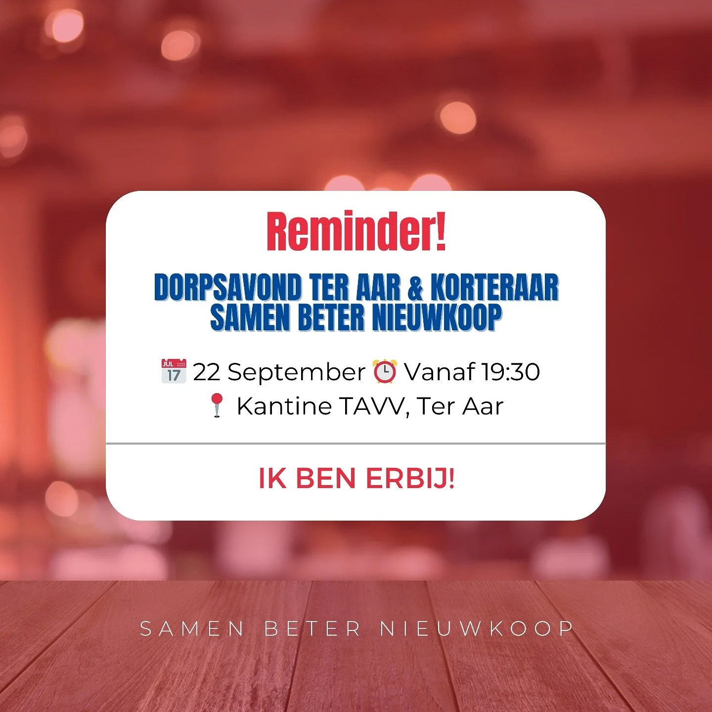 &bull; SBN KOMT BIJ JOU LANGS! &bull;

Na een geslaagde start in Langeraar &amp; Papenveer vervolgt Samen Beter Nieuwkoop de dorpen-tour in Ter Aar &amp; Korteraar! 🙌

📍 Maandag 22 september
🕗 20.00 uur (inloop vanaf 19.30 uur)
📌 Kantine TAVV, Te