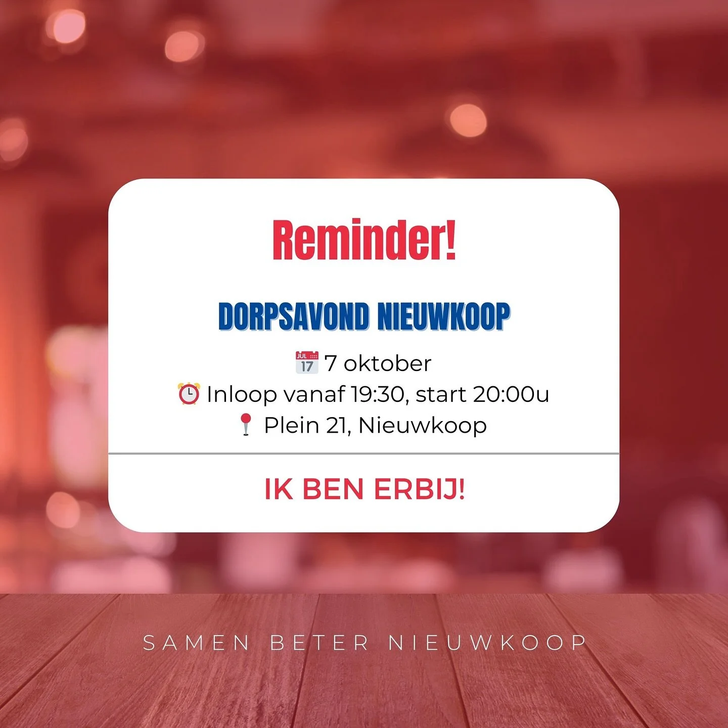 &bull; SBN KOMT BIJ JOU LANGS! &bull;

Na waardevolle gesprekken in Noorden, Woerdense Verlaat, Noordse Dorp en De Meije komt Samen Beter Nieuwkoop nu naar Nieuwkoop.

📍 Dinsdag 7 oktober
🕰️ Inloop vanaf 19.30 uur, start 20.00 uur
📌 Plein 21, Regt