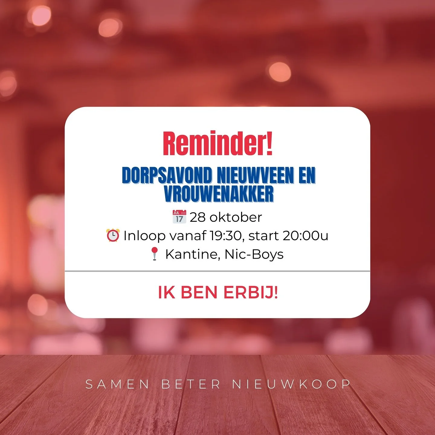 &bull; SBN KOMT BIJ JOU LANGS! &bull;

Na de dorpsavond in Nieuwkoop, waar inwoners spraken over de wens voor een fietstunnel, verkeersveiligheid, handhaving en de inzet van lokale bedrijven, komt Samen Beter Nieuwkoop nu naar Nieuwveen &amp; Vrouwen