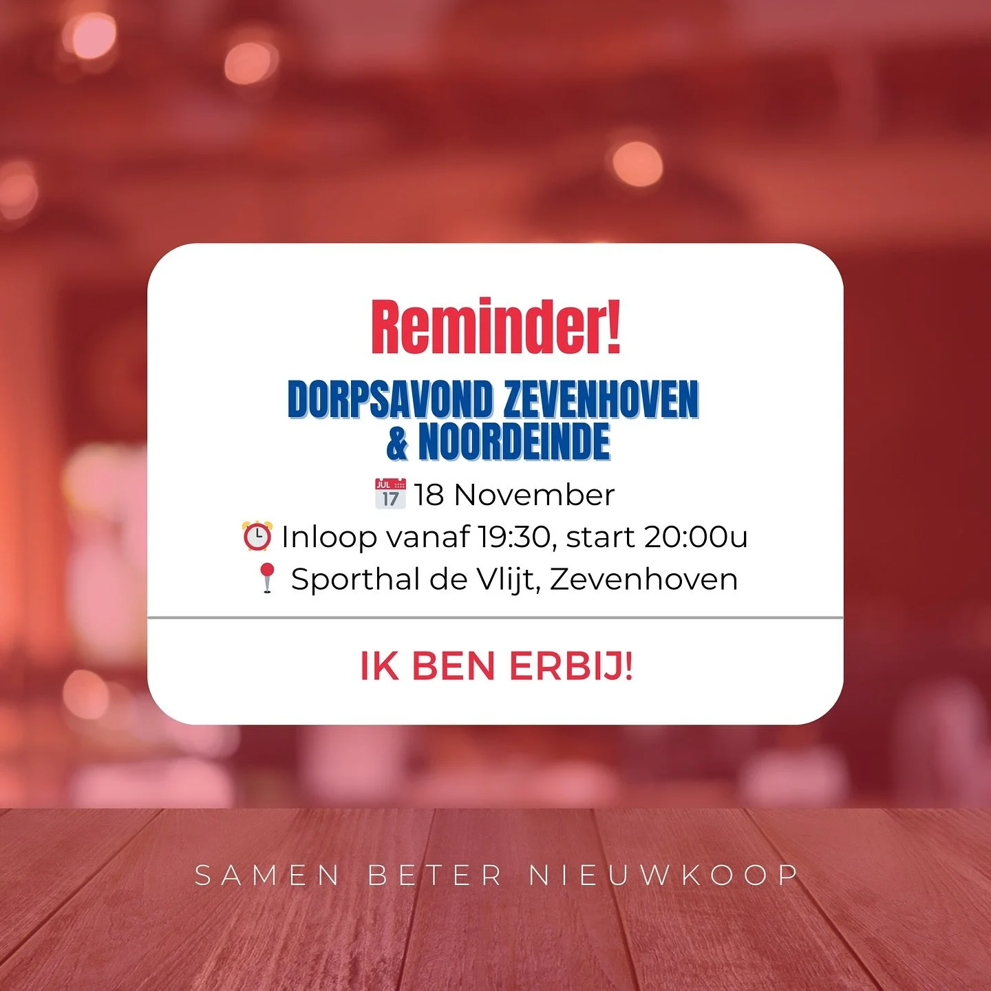 &bull; SBN KOMT BIJ JOU LANGS! &bull;

Na waardevolle dorpsavonden in de andere dorpen komt Samen Beter Nieuwkoop nu naar Zevenhoven en Noordeinde.

📍 Dinsdag 18 november
🕰️ Inloop 19.30 uur, start 20.00 uur
📌 Caf&eacute; sporthal De Vlijt, Zevenh