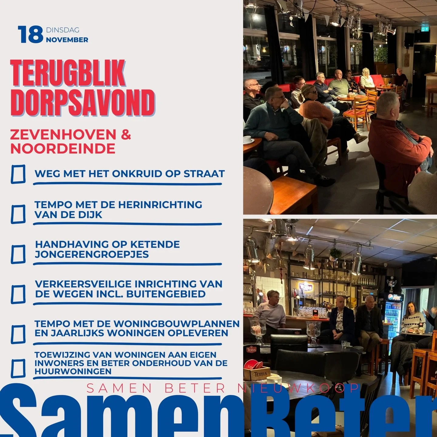 &bull; TERUGBLIK DORPSAVOND &bull;

Wat een grote en betrokken opkomst in Zevenhoven en Noordeinde. Tijdens de dorpsavond spraken we met inwoners over onderwerpen die volop leven in de dorpen. Er kwamen duidelijke thema&rsquo;s naar voren, zoals het 
