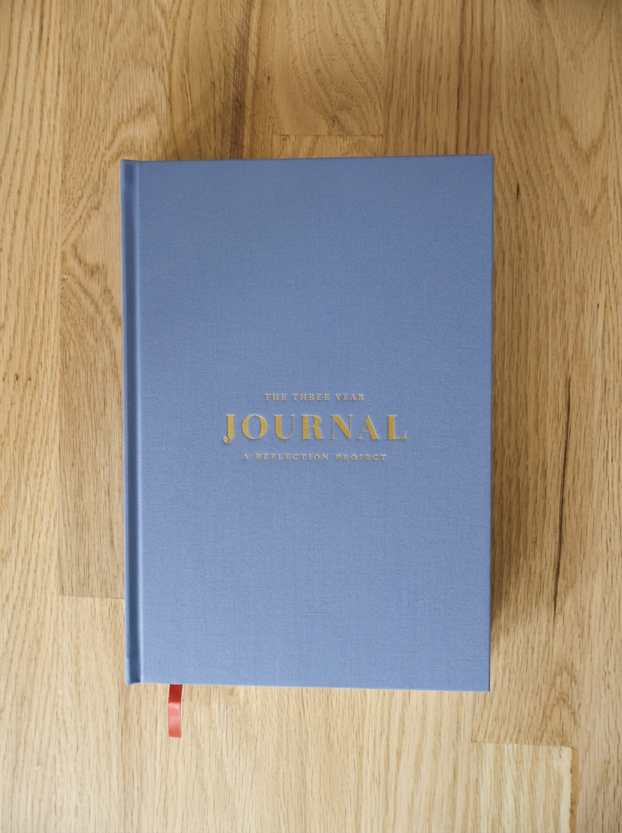PRCHMNT three-year reflection journal with blue linen cover and gold foil lettering