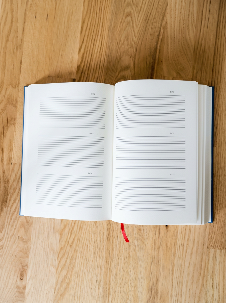 Open blank planner or journal with lined pages and a red ribbon marker, placed on a wooden surface.