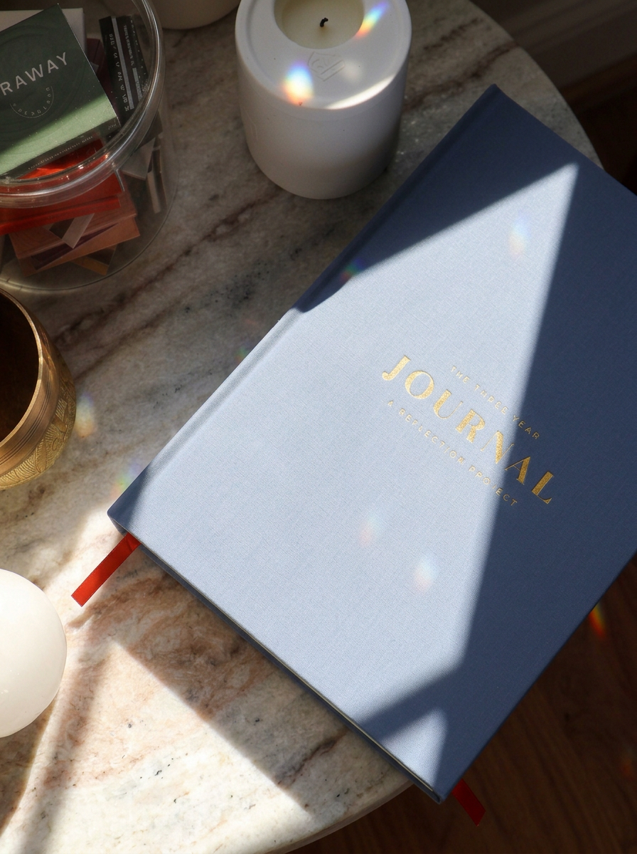 PRCHMNT three-year reflection journal styled on a table for daily journaling
