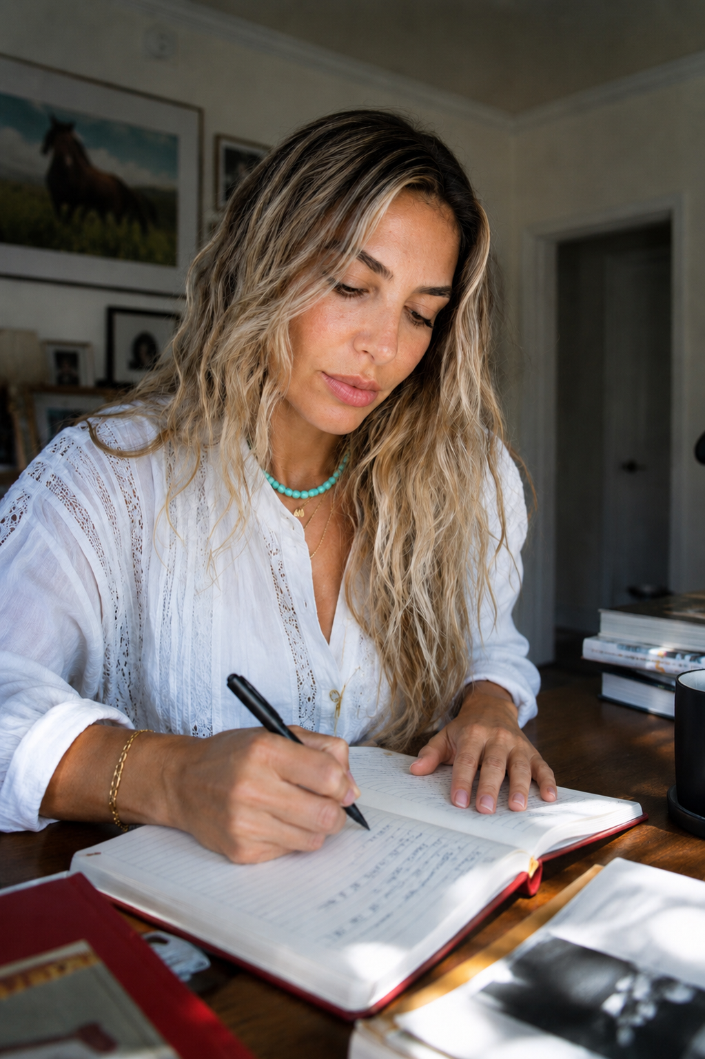 A woman with long wavy blonde hair writing in a notebook at a wooden desk, with stacks of books and magazines nearby, in a room with framed pictures on the wall.