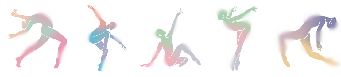 Silhouettes of five pastel-colored girls dancing in various poses.