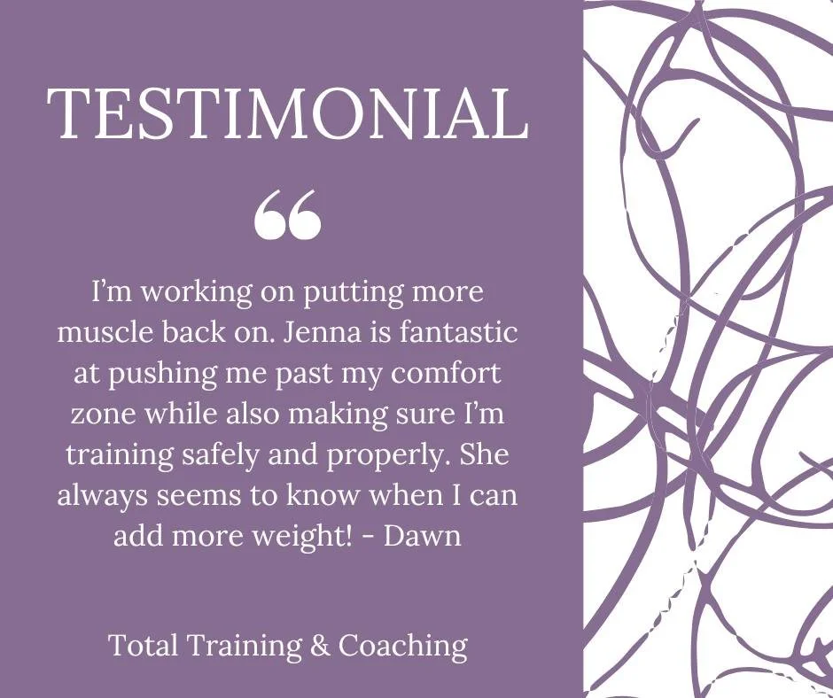 💬 Client Spotlight: Dawn

&ldquo;I&rsquo;m working on putting more muscle back on. Jenna is fantastic at pushing me past my comfort zone while also making sure I&rsquo;m training safely and properly. She always seems to know when I can add more weig