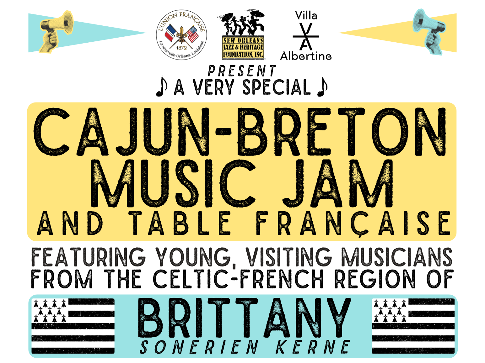 Cajun-Breton Music Jam + Table Française featuring musicians from Brittany, France