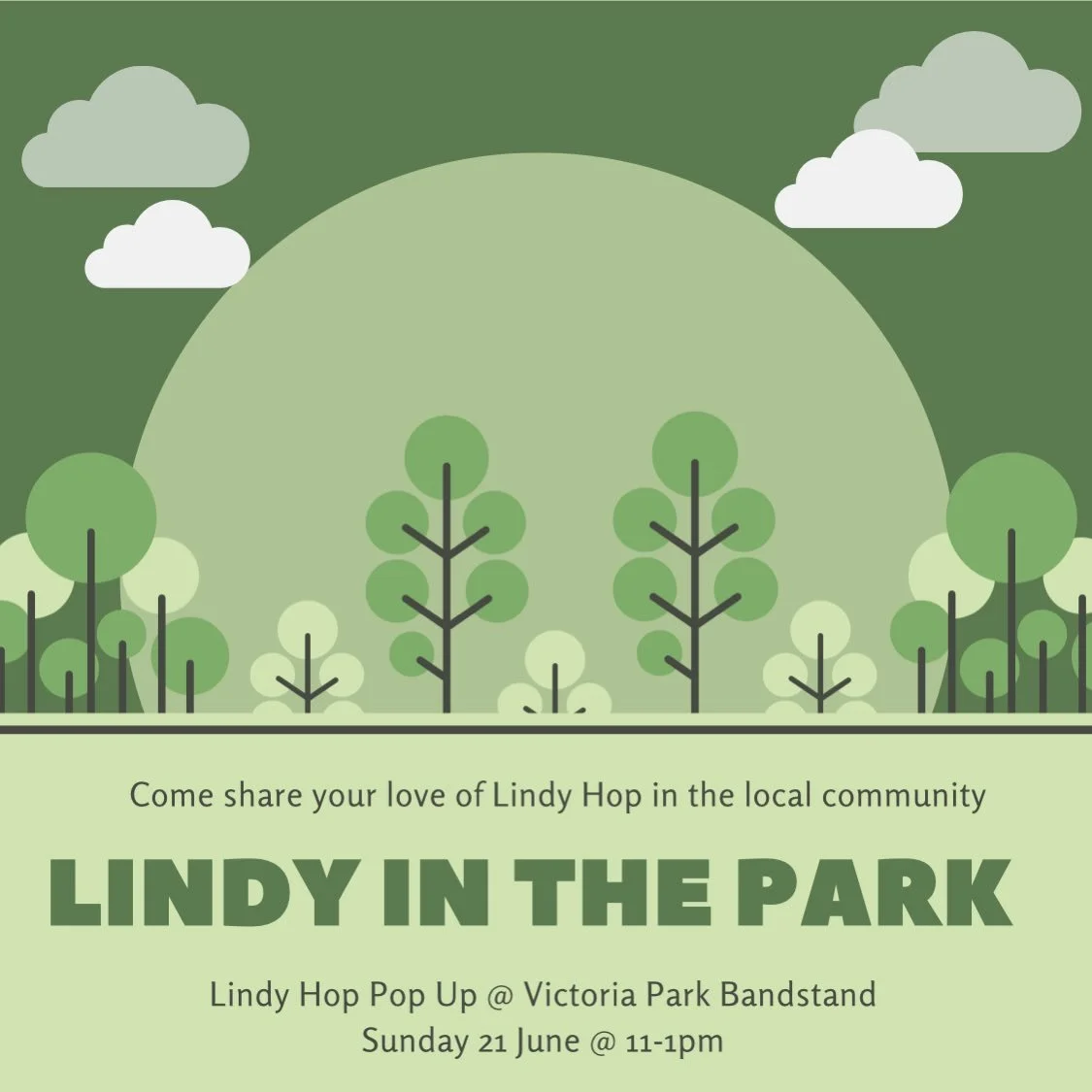 We&rsquo;re heading to the park next weekend!✨ 

Come out and join us for some Lindy in the Park on Sun 21 June - we&rsquo;ll be at Victoria Park Bandstand from 11-1pm for some al fresco social dancing! 

See you for some sunshine swing outs! ☀️ 

#t