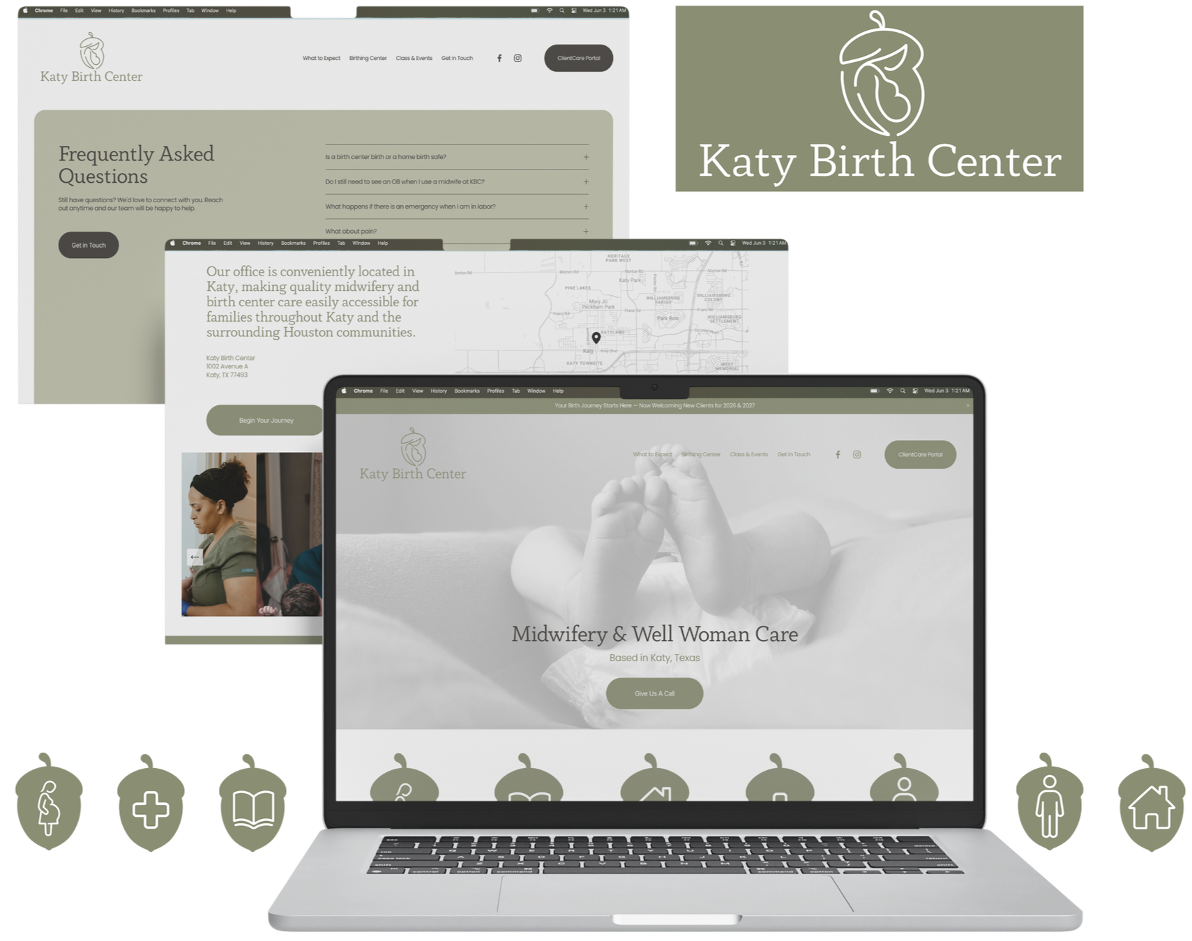 Katy Birth Center website redesign showcasing healthcare branding, improved user experience, educational resources, and midwifery care services.