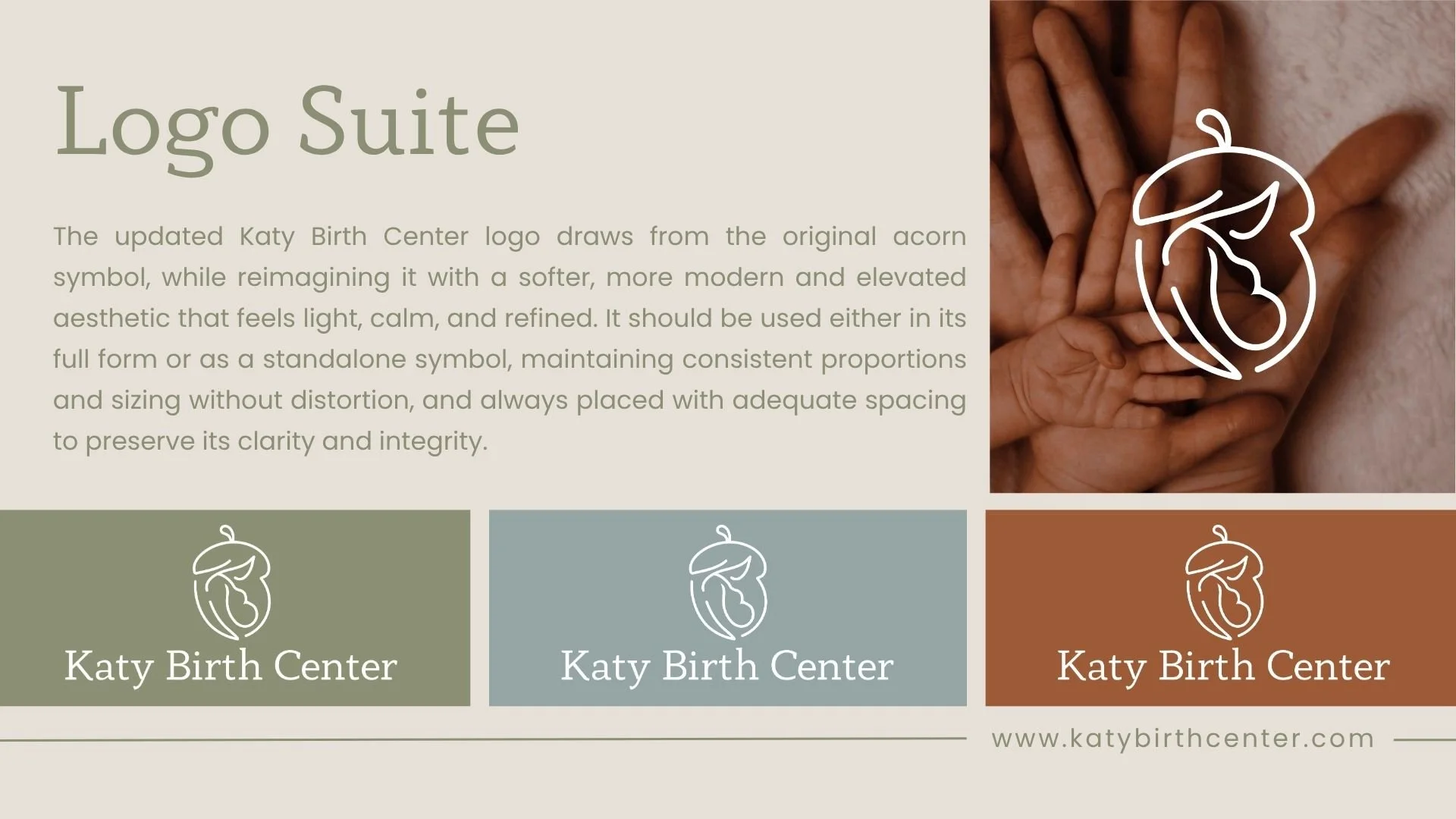 Katy Birth Center logo suite displaying primary logo variations, color palette applications, and healthcare brand identity development.