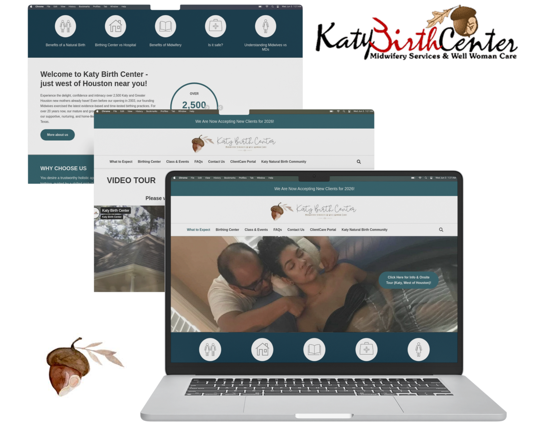 Katy Birth Center case study showcasing healthcare branding, website redesign, user experience improvements, and digital marketing strategy. Image features the original website and logo.