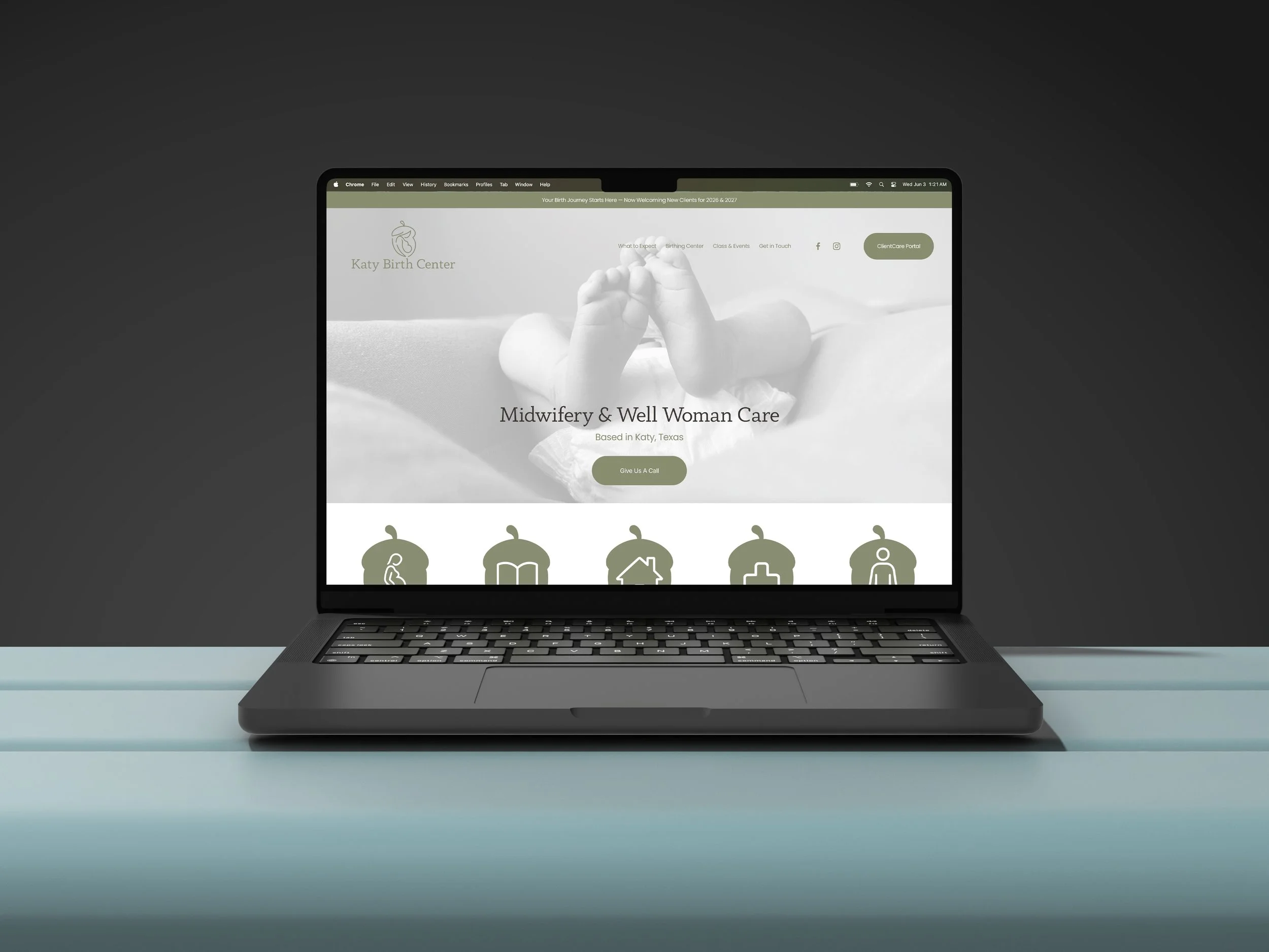 Katy Birth Center website redesign displayed on a laptop, showcasing midwifery services, natural birth education, and maternity care resources.