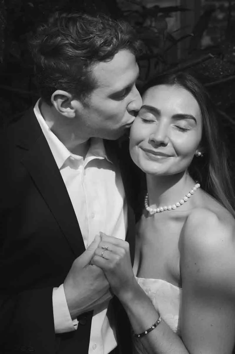 Romantic engagement photos on the cobblestone street at Elfreth’s Alley in Philadelphia PA