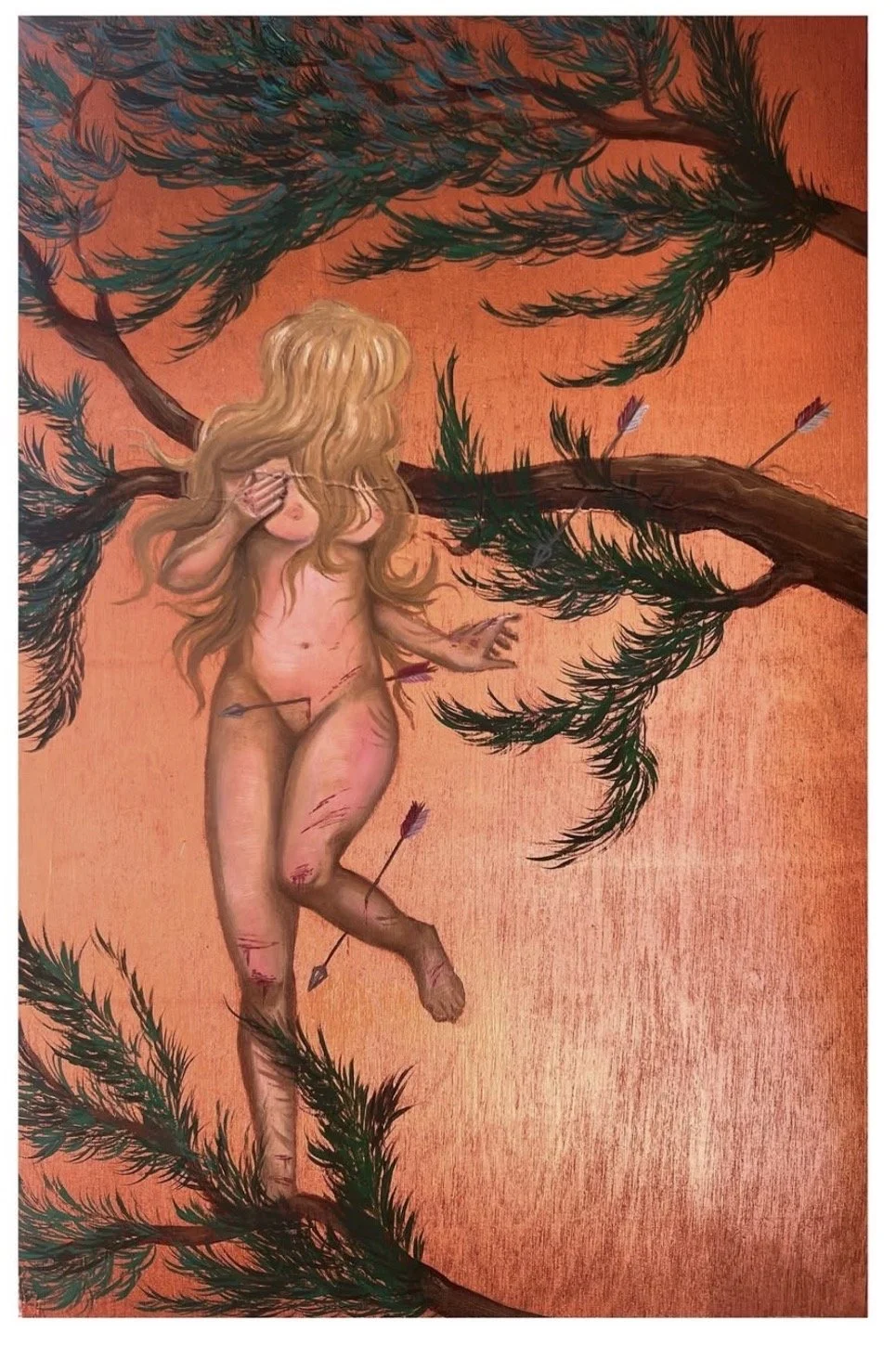 Painting of a nude woman with long hair, standing among pine tree branches, with arrows stuck in her body and in her leg, against an orange background.
