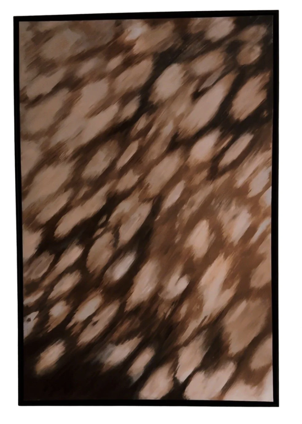 Abstract artwork featuring irregular, diagonal dark brown and beige brushstrokes across a canvas.