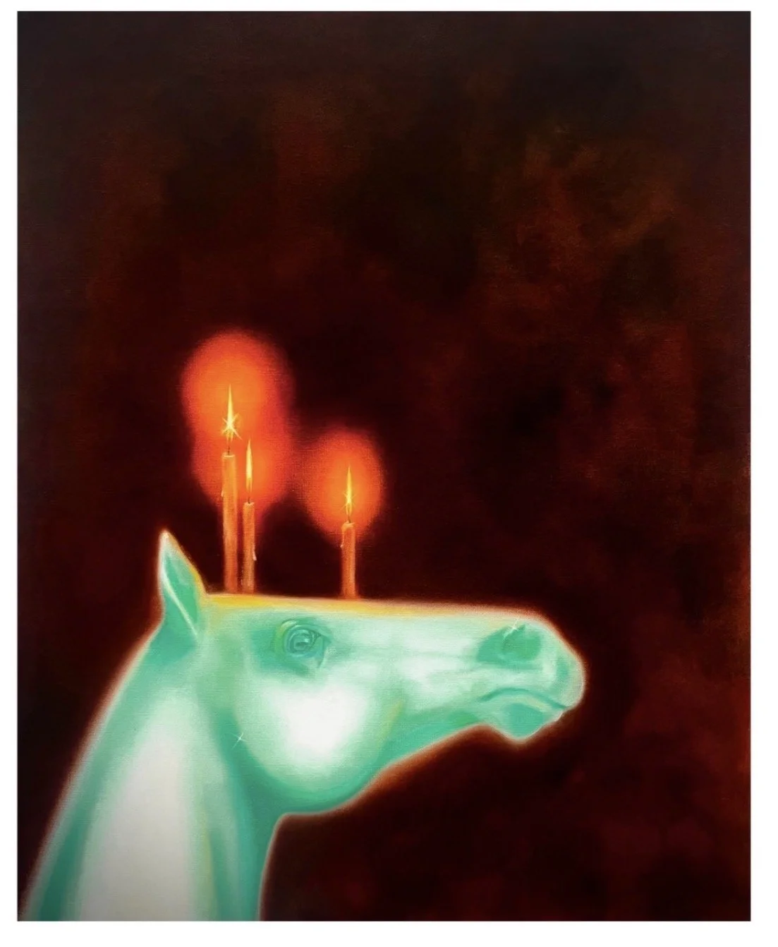 An artistic depiction of a horse's head with a glowing, surreal style. Two lit candles are placed on the horse's back, emitting a glow. The background is dark, highlighting the luminous, colorful features of the horse and the candles.