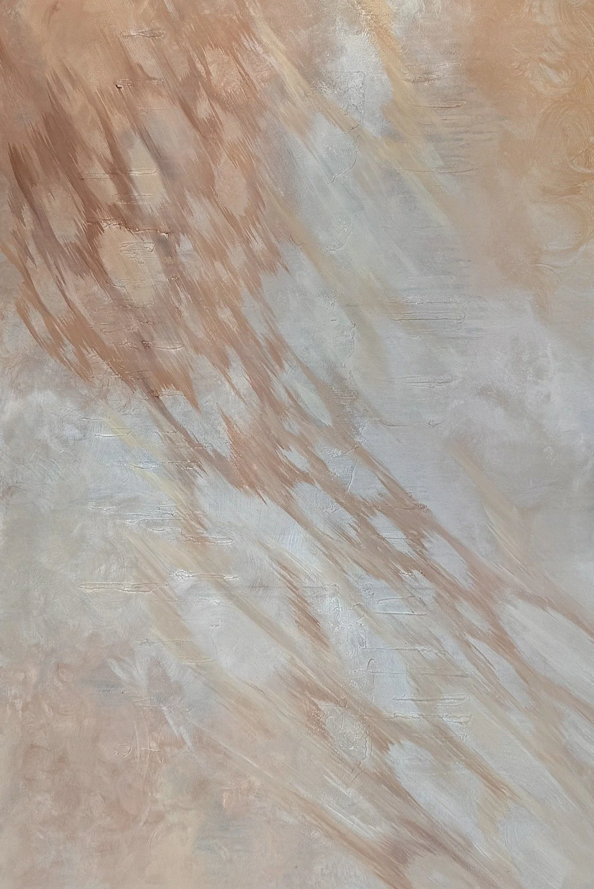 An abstract painting with brushstrokes in shades of peach, beige, and white.