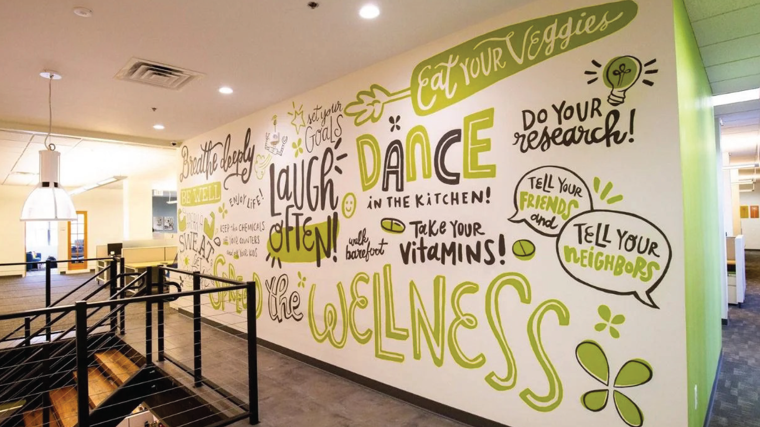 Photo of an illustrated mural for LuckyVitamin's corporate office space