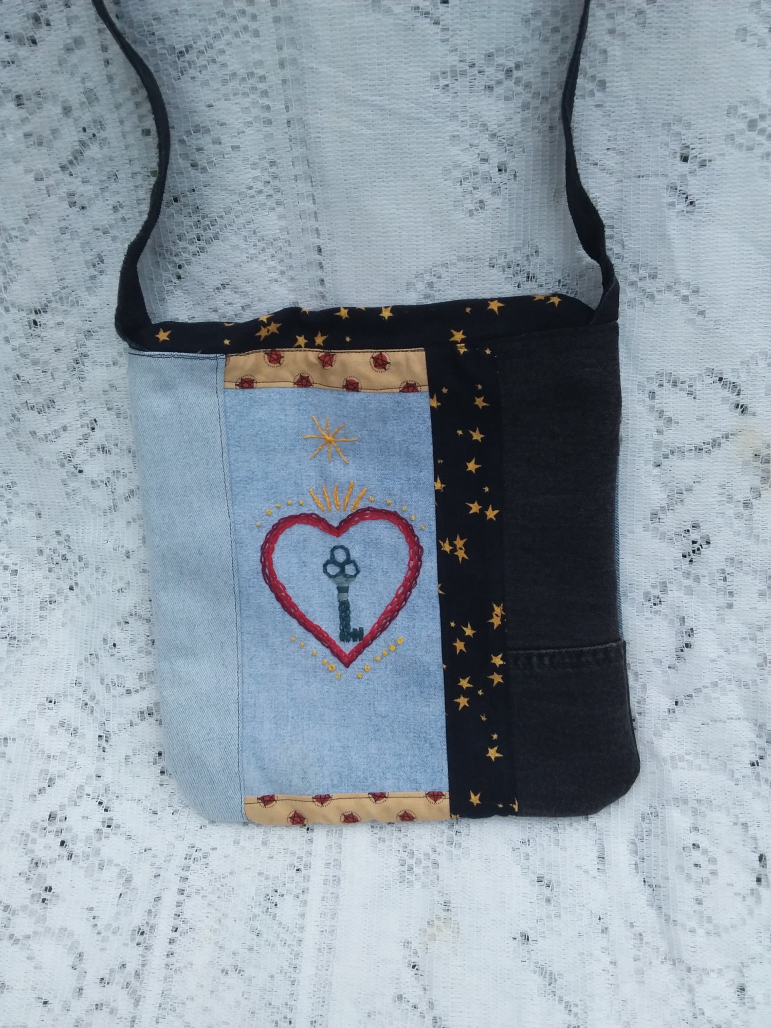 Denim and Star Fabric messenger bag with embroidered sacred heart design —  Magic Threads Studio