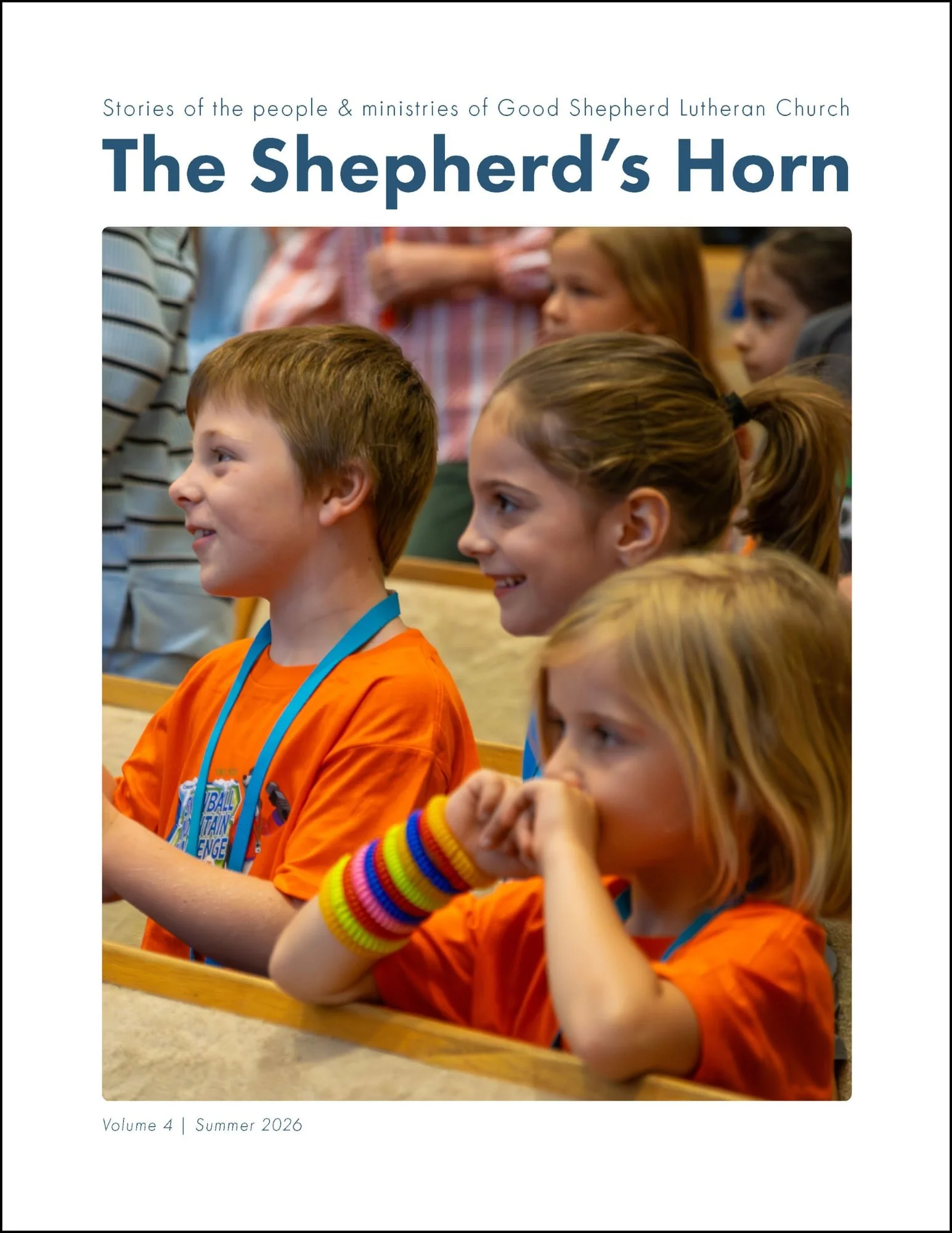 Cover of the Summer 2026 The Shepherd's Horn Magazine with kids smiling and engaged with a Vacation Bible School program.