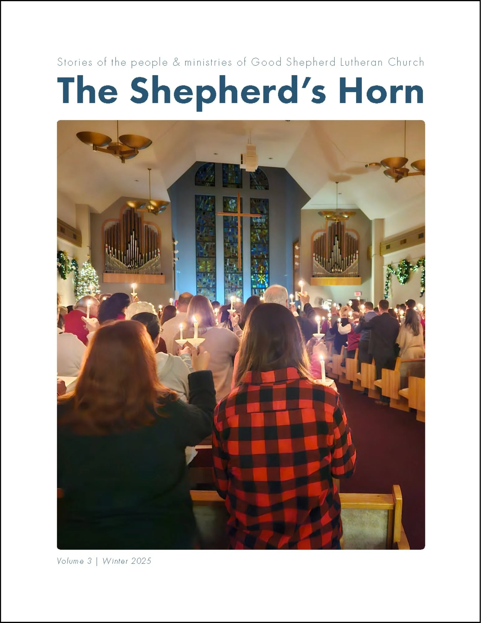 The cover of the Winter 2025 The Shepherd's Horn Magazine showing people in Christmas Eve worship holding candles with the lights turned low and a stained glass window during Silent Night song.