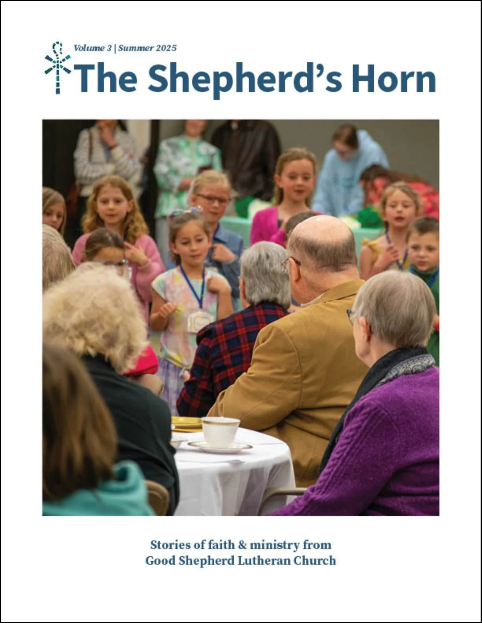 Cover of the Summer 2025 Shepherd's Horn Magazine with kids singing for elders at an event.