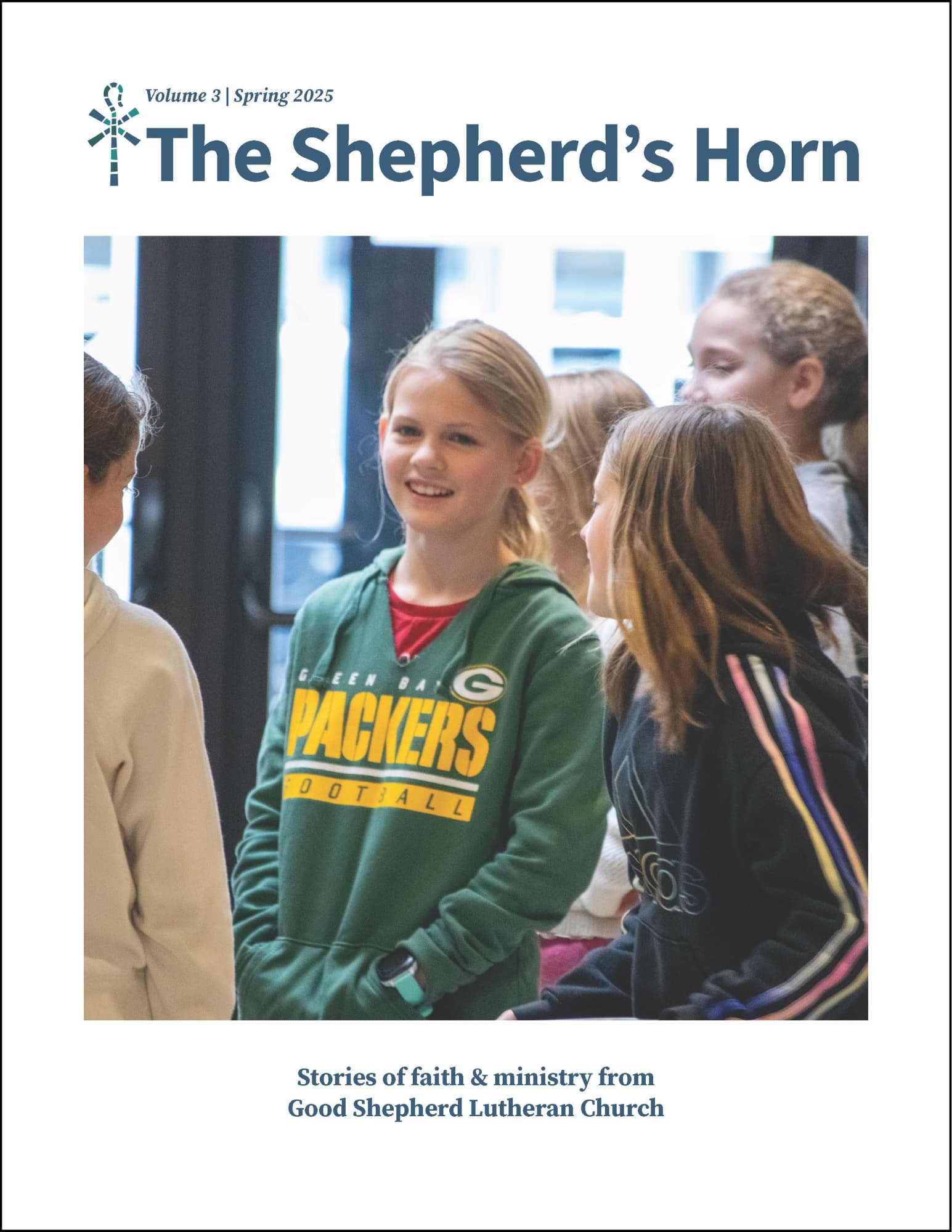 Cover of Spring 2024 The Shepherd's Horn Magazine with students laughing and connecting while serving at a food drive.