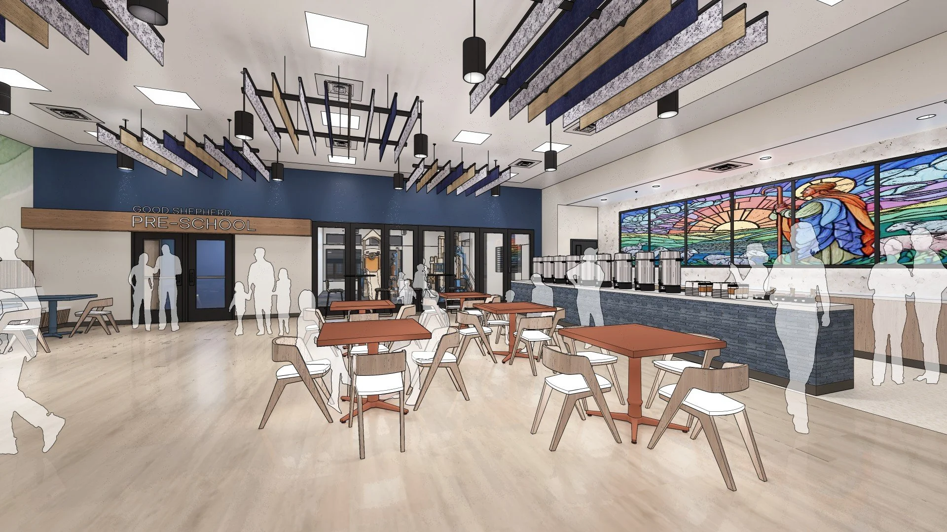 Cafe + Indoor Play Area + Preschool Entrance (currently Fellowship Hall)