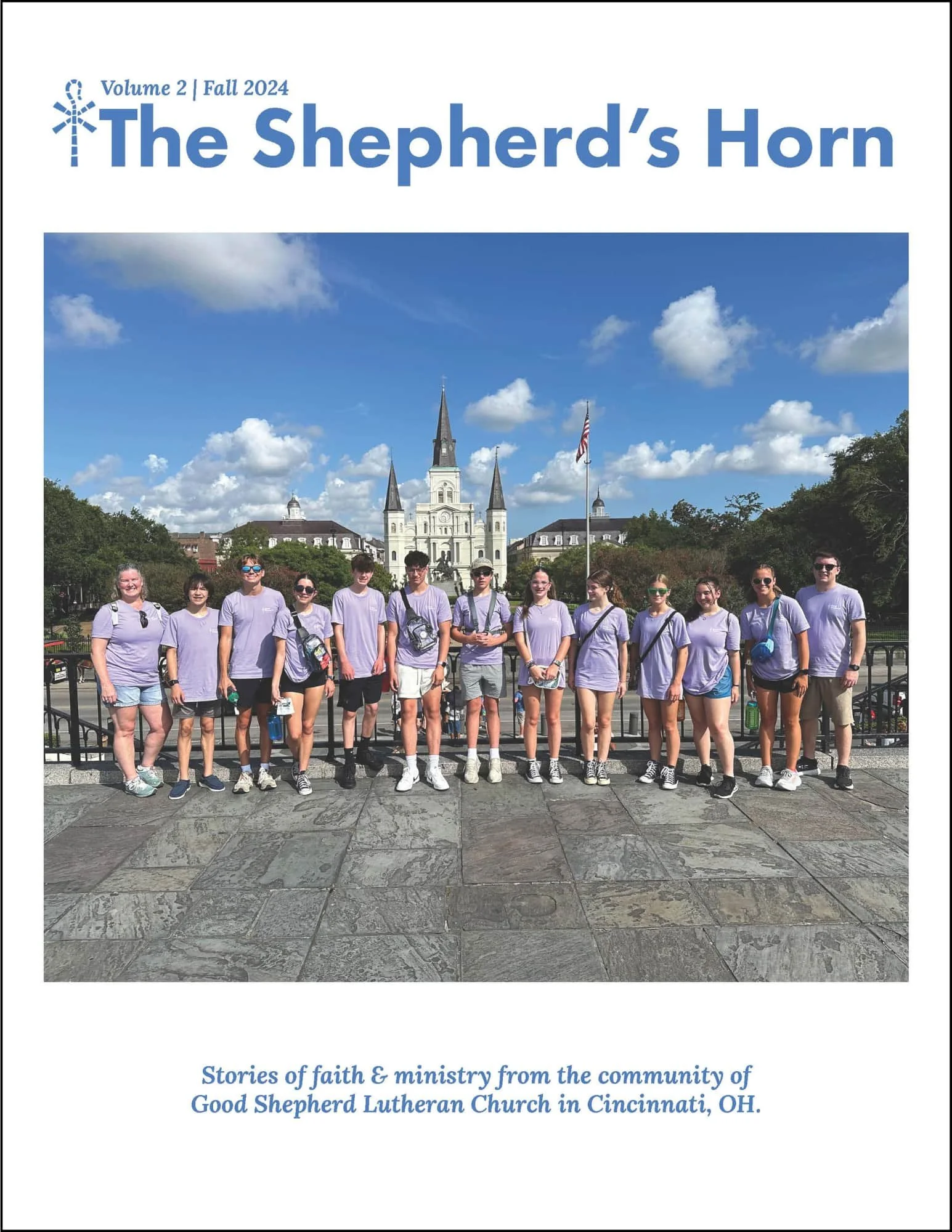 Cover for the Fall 2024 The Shepherd's Horn magazine showing senior high students posed in front of a New Orleans, LA landmark while they were attending the National Youth Gathering.