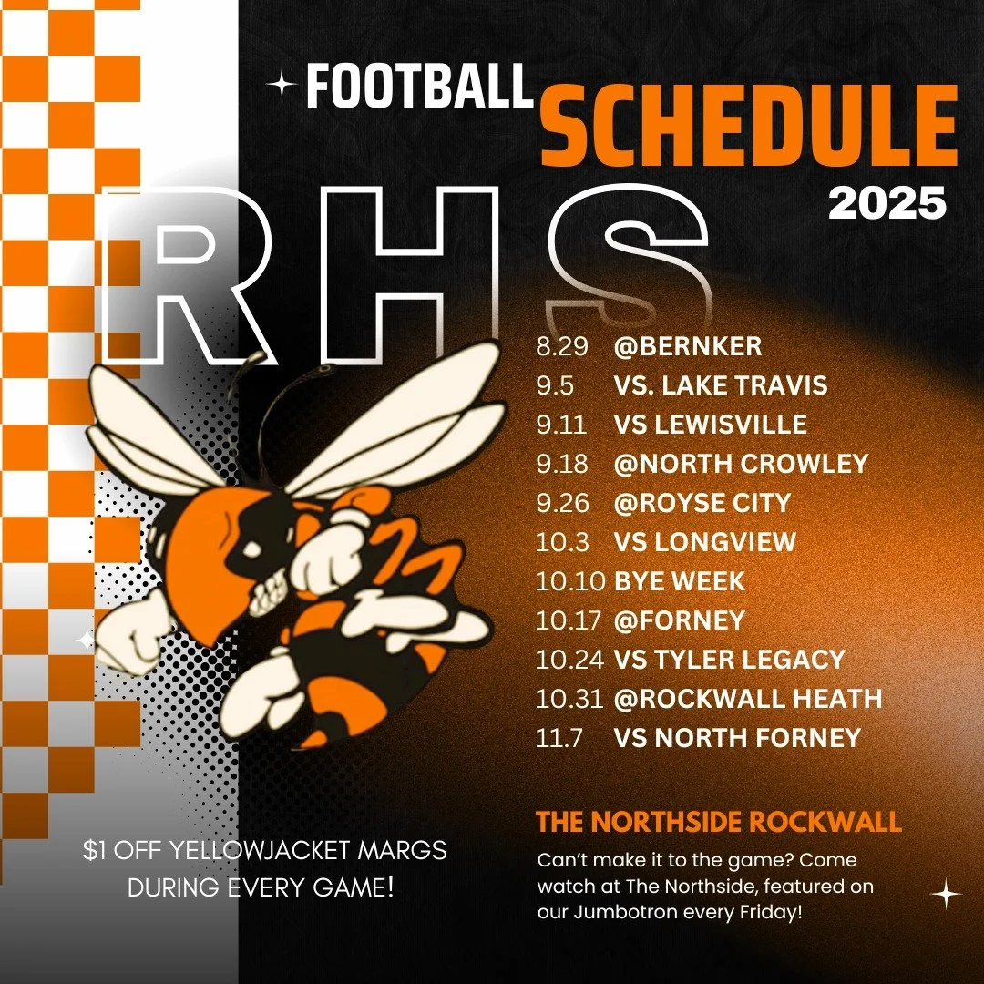 🏈 Who’s ready for football season?! We sure are!
The Northside is your Game Day Headquarters, streaming Rockwall games every Friday night on the jumbotron! 📺🔥
Grab your crew, wear your orange and white, and catch every play with cold drink