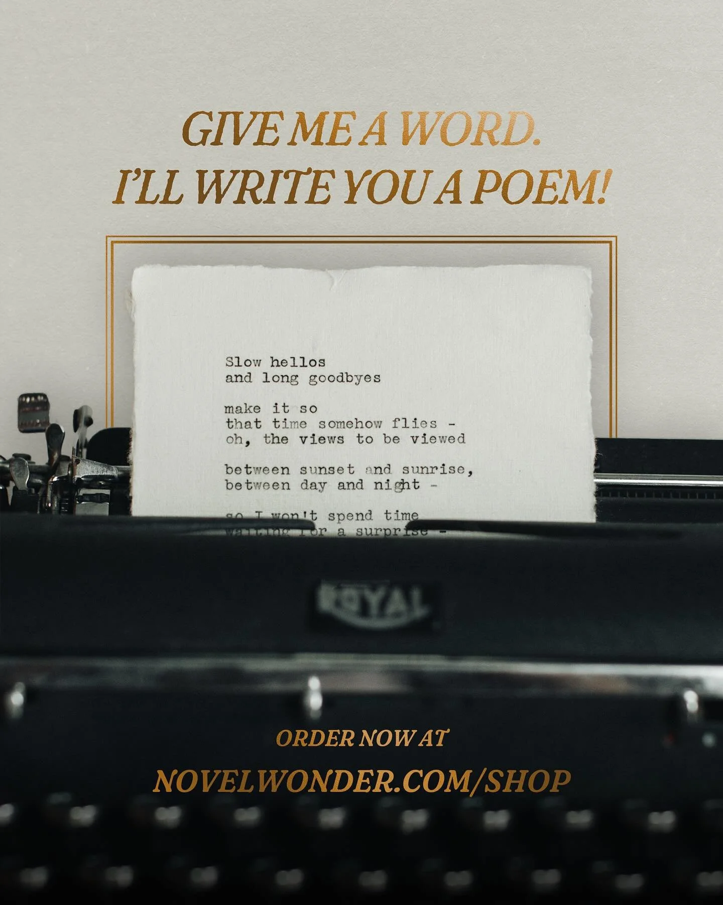 Custom poems are available to order!

Every poem is thoughtfully inked on a vintage typewriter, then packaged to send straight to you. The perfect gift for the holidays. 🎁

This will be a limited run before Christmas, so order soon and by December 1