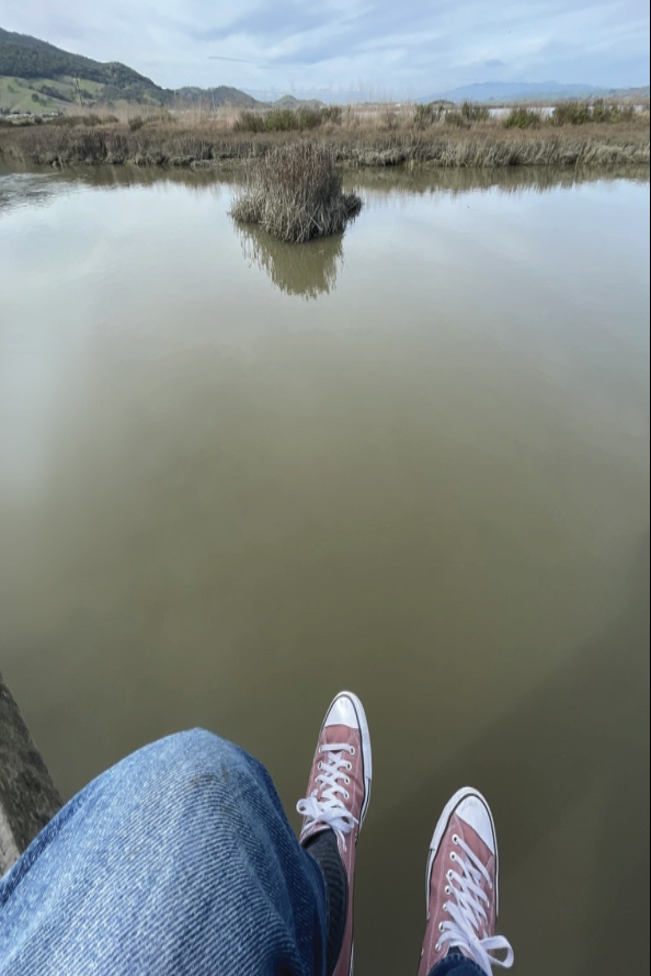 A man sitting ot the end of a dock wearing denim jeans and converse sneakers, his legs dangling over the calm water. A small island of reeds is visible in the middle and the landscape beyond the waters edge has hills with wispy clouds above.