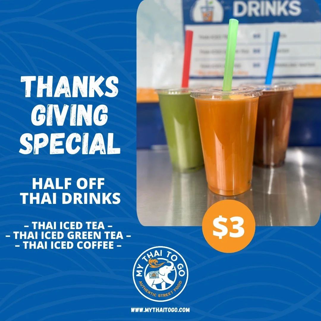 Swing  by before the Thanksgiving holiday weekend and get a $3 Thai drink! We will be at Beargrass Gift + Drug in CFalls until 7pm or  until we are sold out of food tomorrow. Come get your fix! 🇹🇭