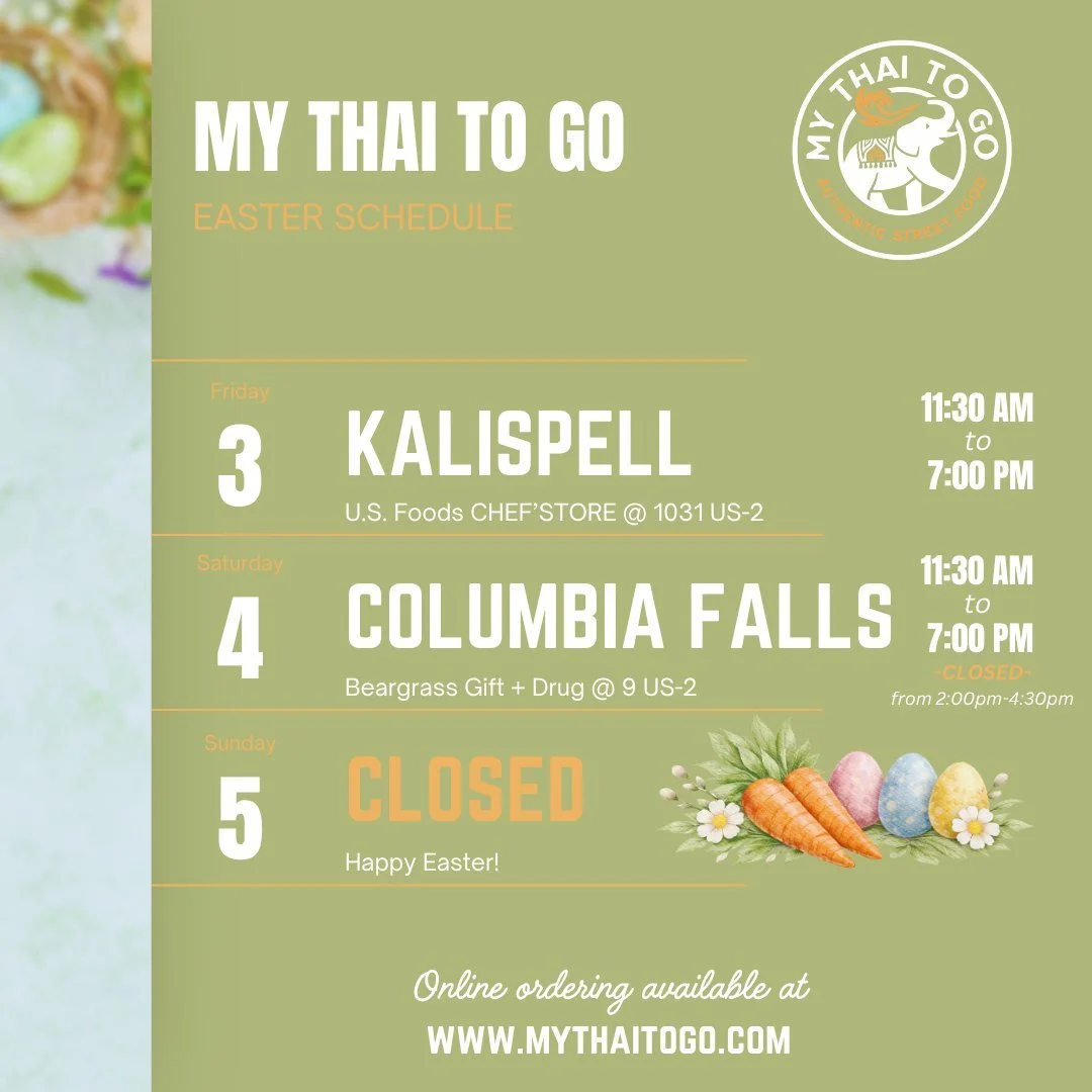 Happy Easter!! We will be at our usual spot on Friday in Kalispell and open for lunch and dinner on Saturday in Columbia Falls this weekend. See you soon! 🇹🇭

Friday @usfchefstore 
Saturday @beargrass_gift_and_drug