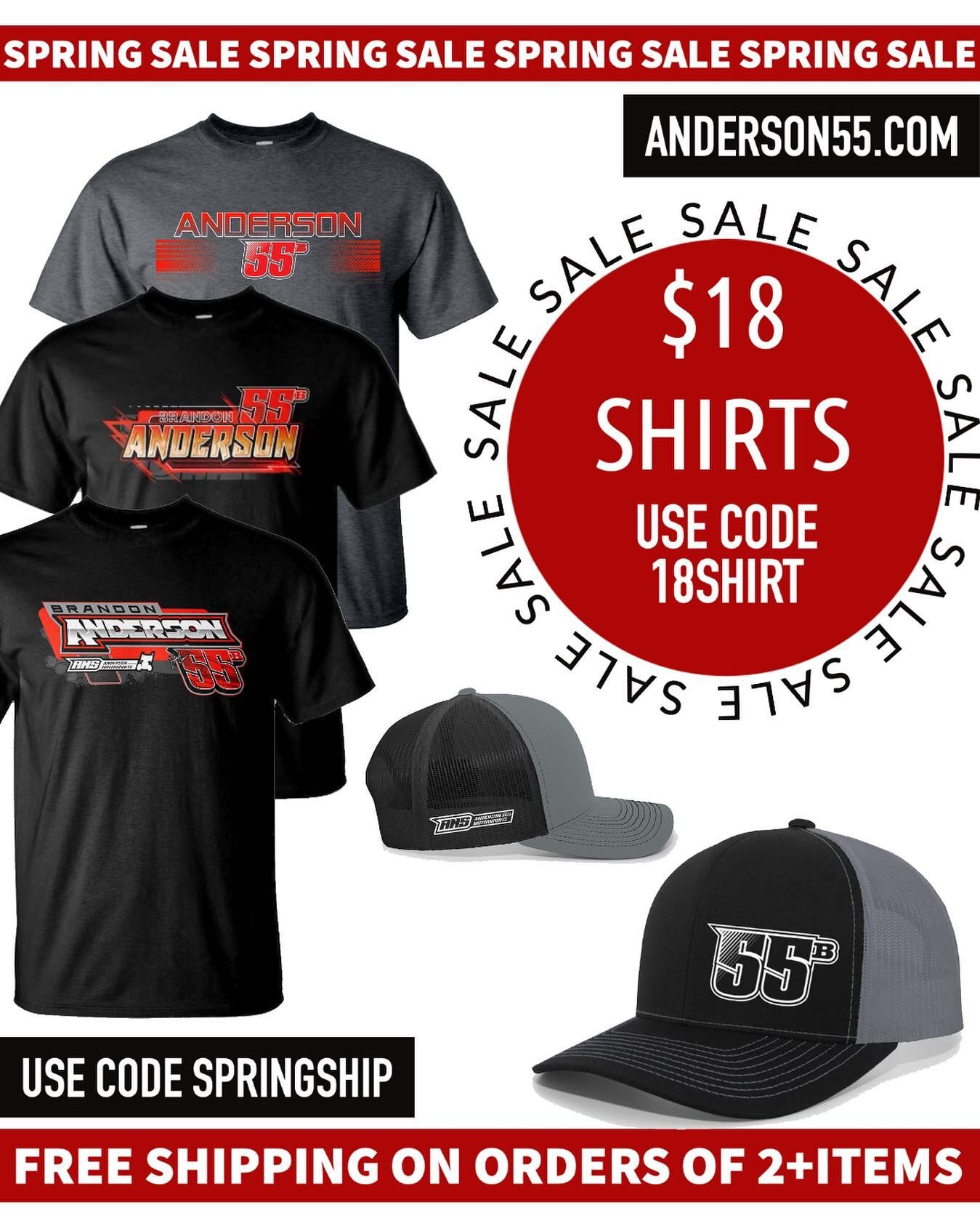 SPRING INTO SAVINGS

For one week only $18 shirts and free shipping on orders of 2+ items! 

Use Code 18SHIRT for $18 shirts
Use Code SPRINGSHIP for free shipping on 2+items 

Codes can be used together! 

Head over to anderson55.com to shop!