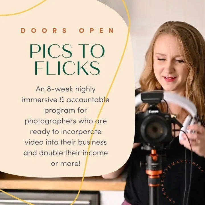 DOORS OPEN: PICS TO FLICKS SUMMER COHORT. My 8-week program for photographers who are ready to learn &amp; incorporate video into their photo businesses &amp; make double their income or more IS OFFICIALLY OPEN FOR ENROLLMENT.
⠀⠀⠀⠀⠀⠀⠀⠀⠀
And let's div