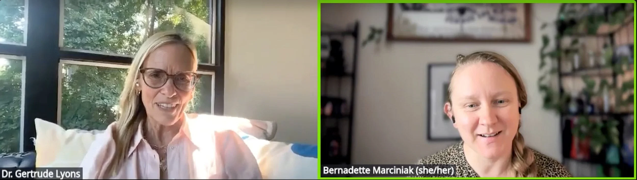 Virtual planning session between Bernadette Marciniak and Dr. Gertrude Lyons discussing strategy for her professional speaker reel.